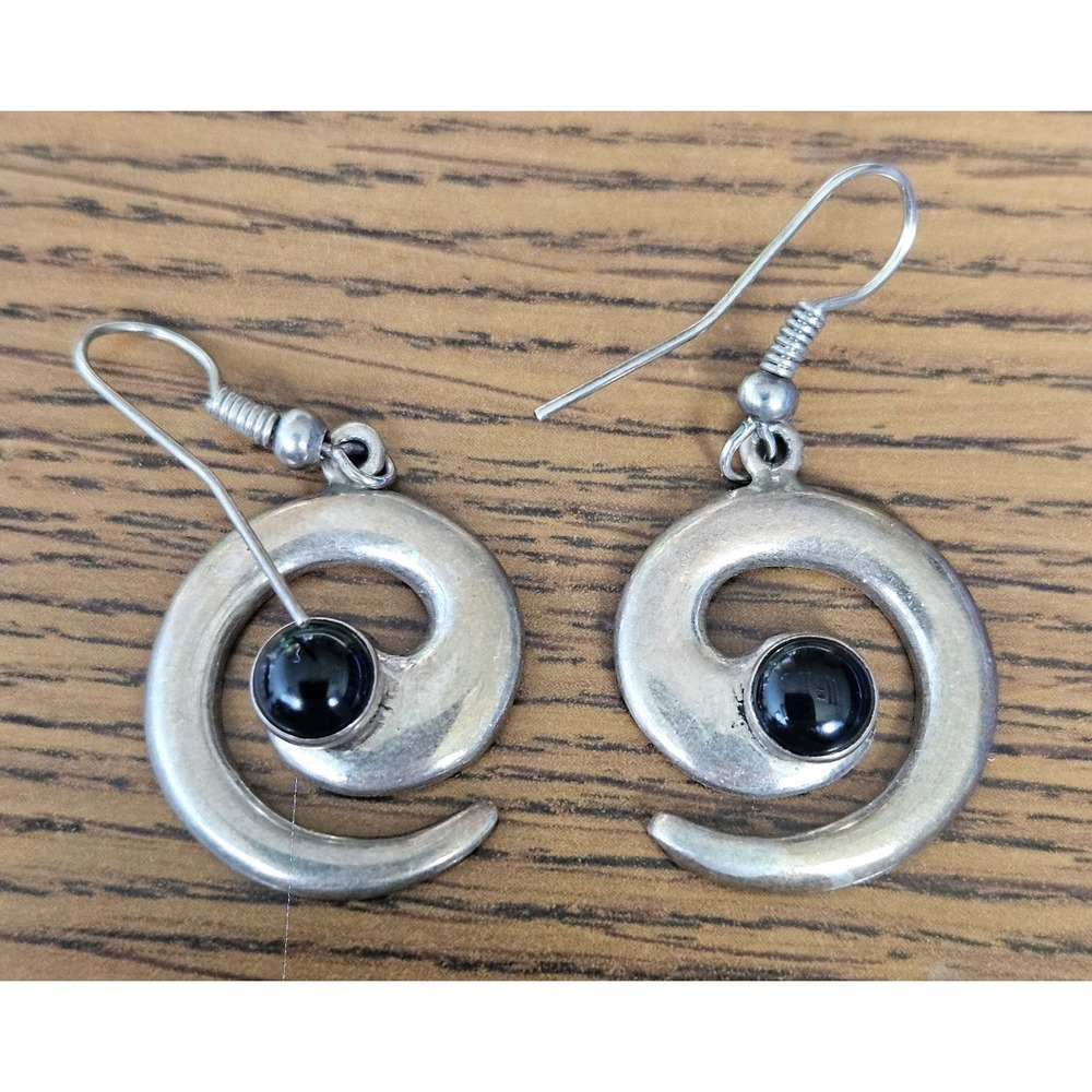 Vintage Lowell Draper Navajo Sterling Silver Spiral Earrings Black Cabochons